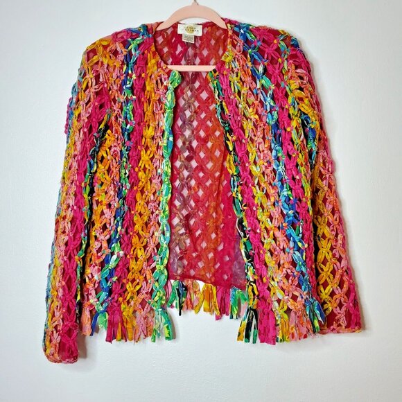 Sandy Starkman Jacket Size Small Women Pink Knotted Weave Fringe Boho India - Picture 1 of 12